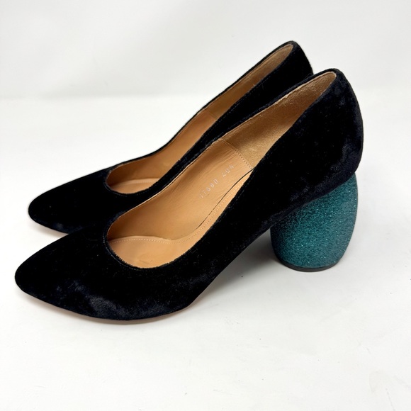 Dries Van Noten Black Velvet Heels with Blue Glitter Block - Picture 6 of 14